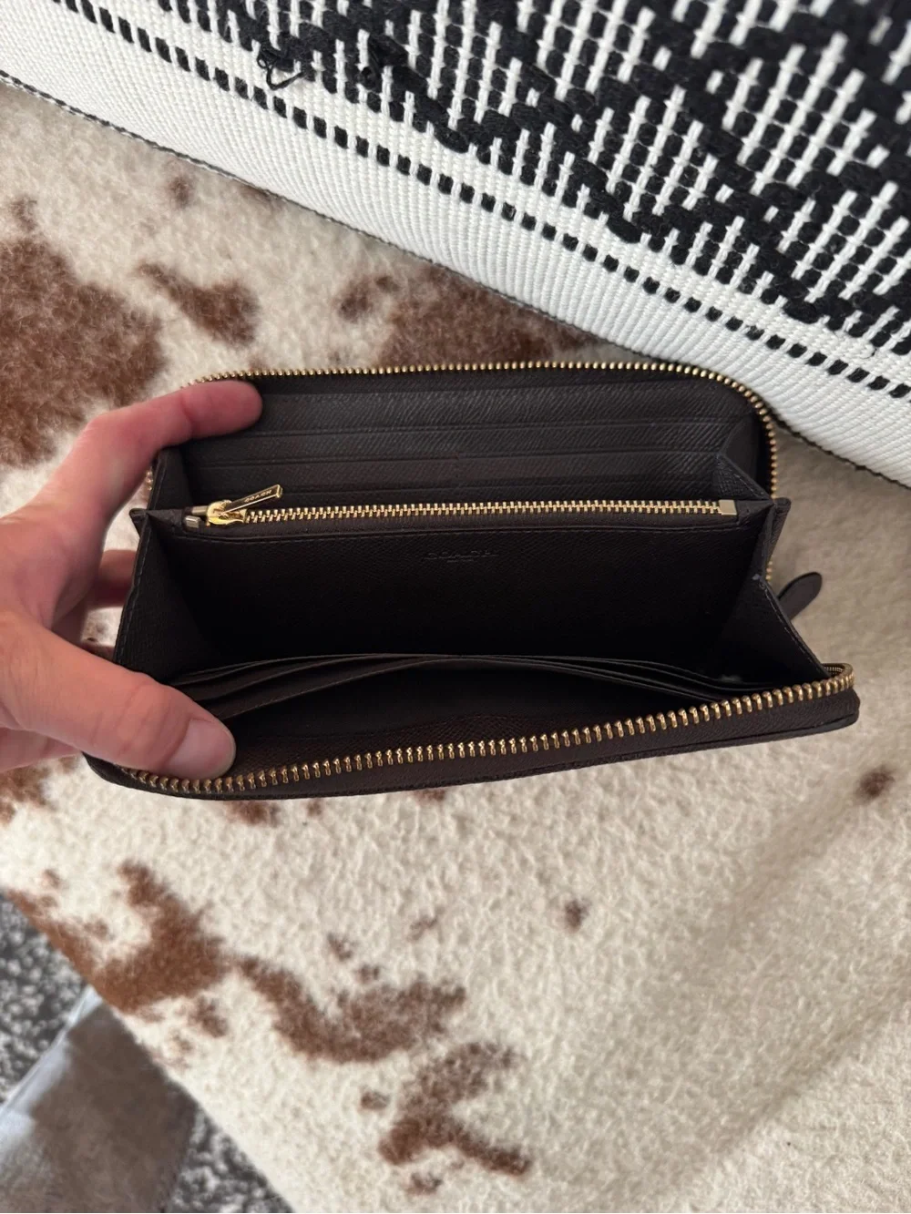 Coach Brown Signature Canvas Zip Around Card Holder with Gold Logo